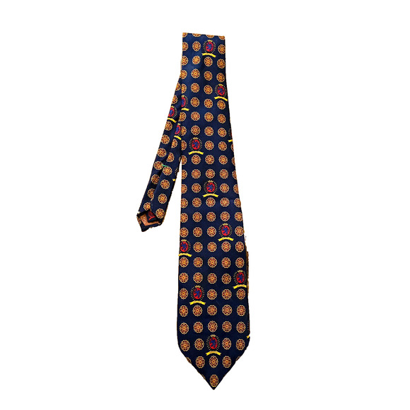 Vintage Tommy Hilfiger Mens Tie Navy with TH Crest Geometric Pattern - Picture 1 of 8